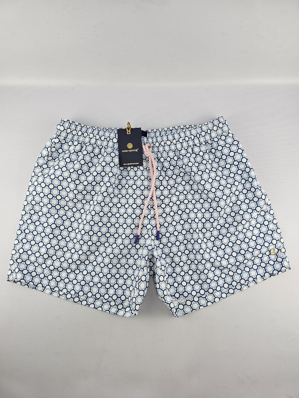 Sunny Patoche Men's Caparica Coast Swim Trunk Blue and White Geometric Pattern M